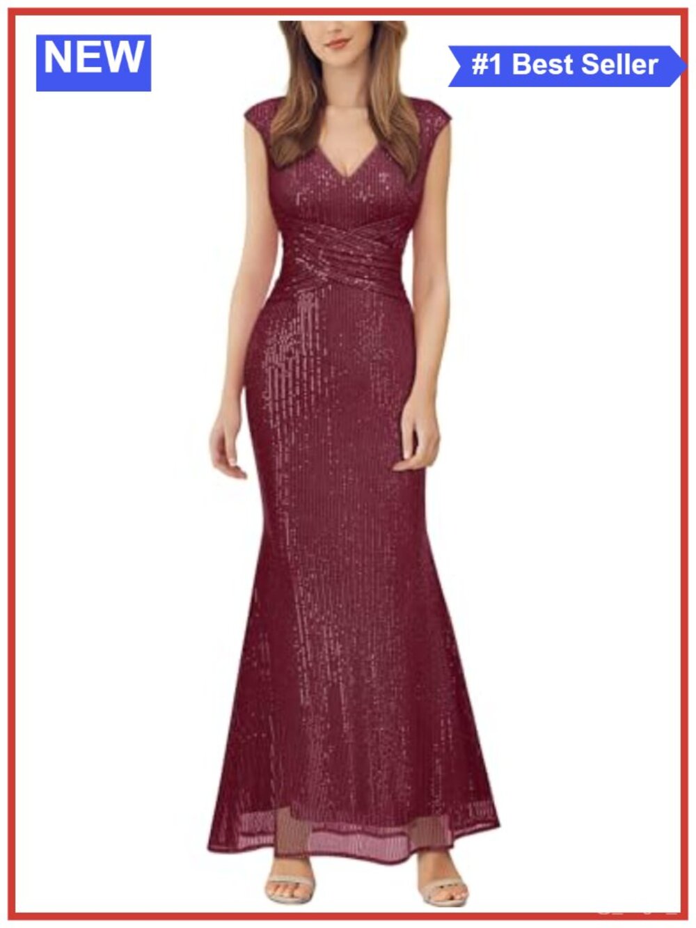 Sequin Cocktail Party Dress V-Neck Cap Sleeve Ruched Maxi Women Formal